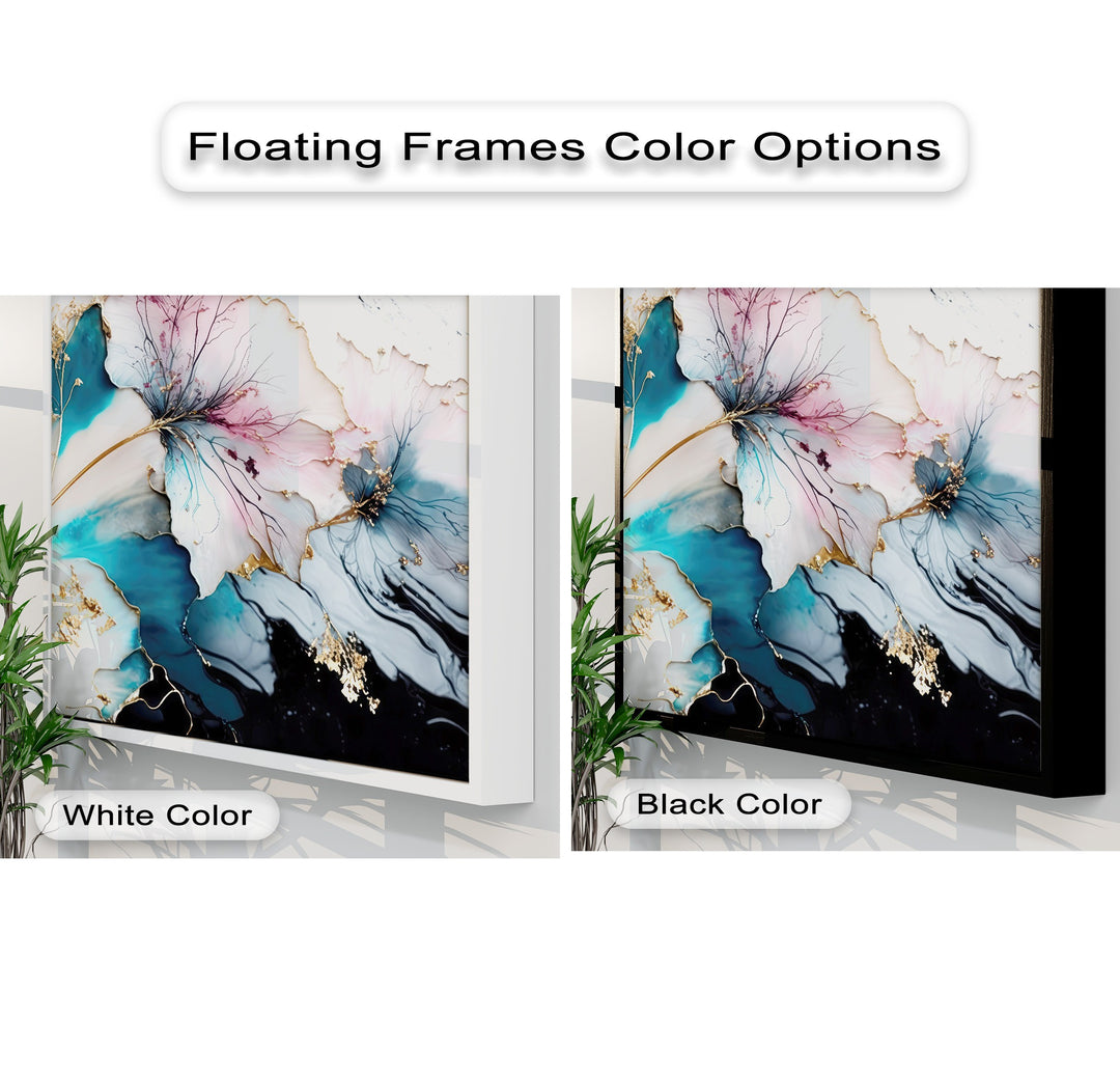 Dramatic color contrast in this abstract floral canvas art print highlights bright pastels against dark tones, offered in white and black floating frames.