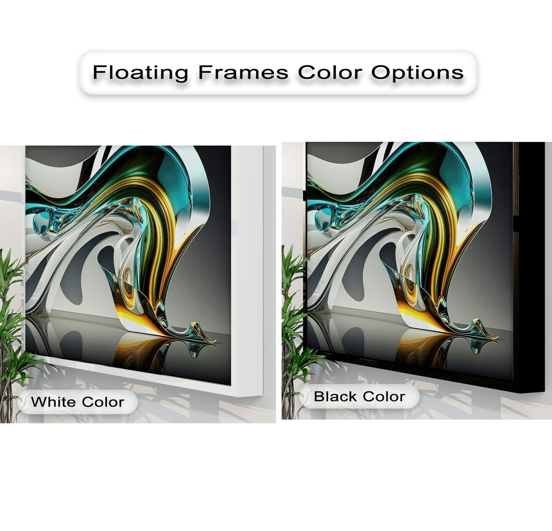The abstract quality of this modern luxury canvas art print features a dynamic flow of metallic aqua, gold, and silver-white forms.