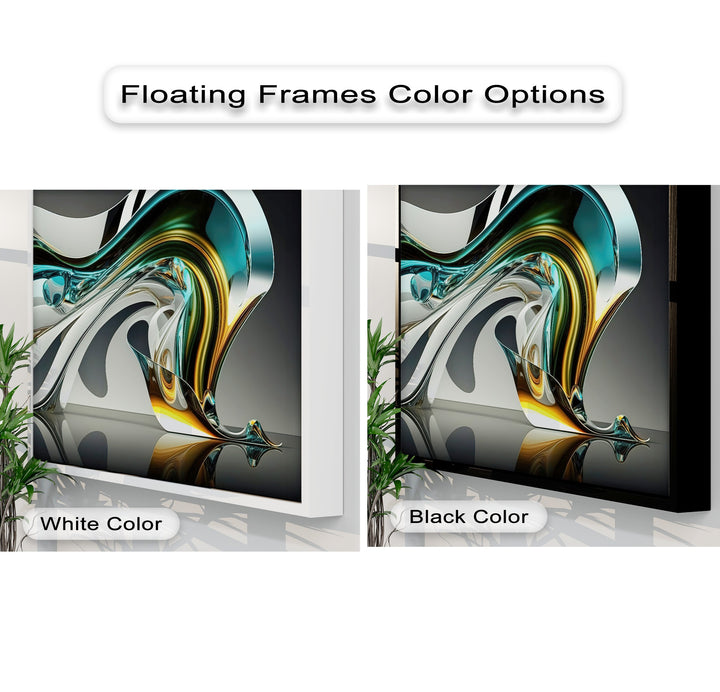 The abstract quality of this modern luxury canvas art print features a dynamic flow of metallic aqua, gold, and silver-white forms.