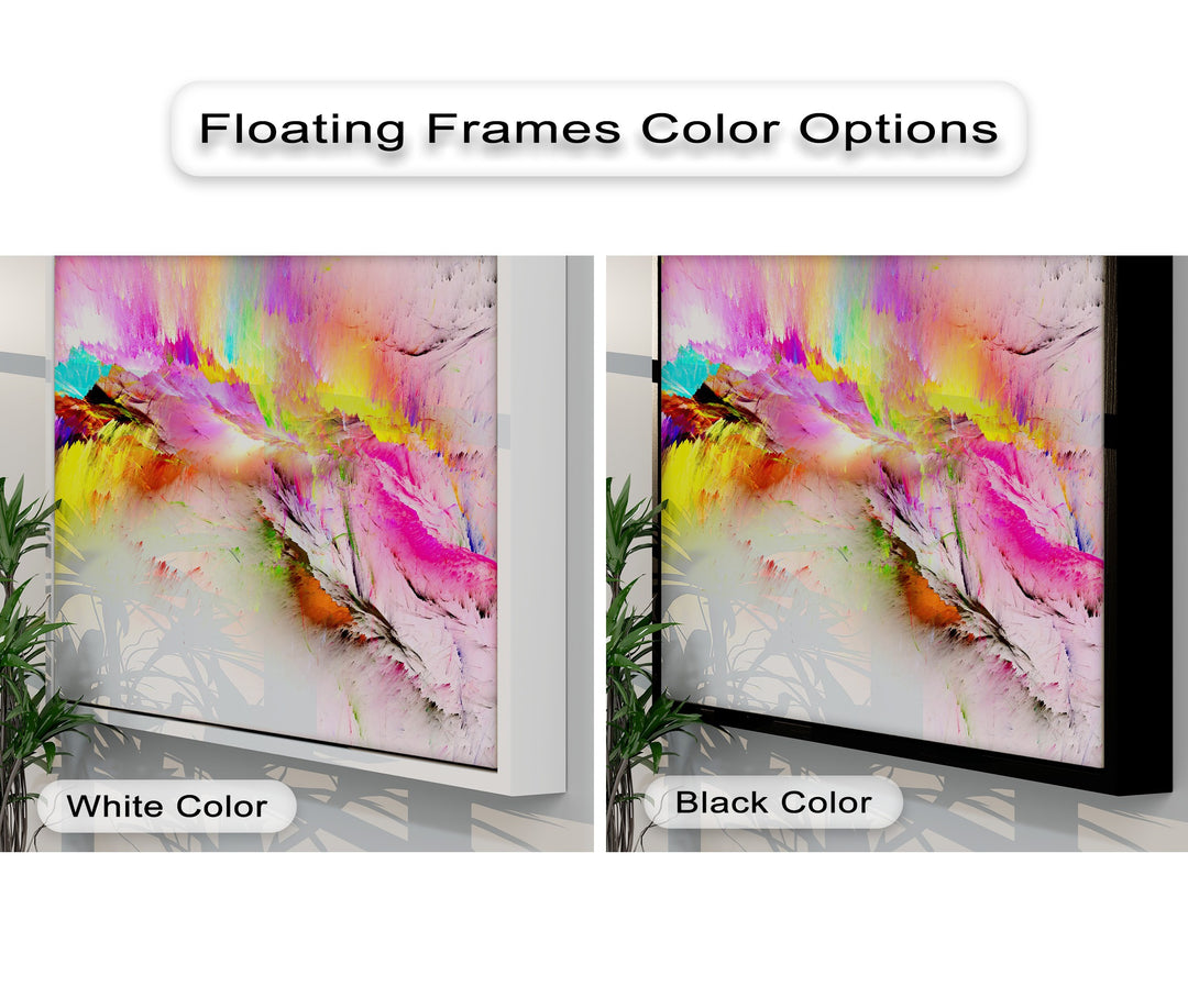 A unique canvas print exhibiting a warm color temperature from vibrant color bursts, framed in white and sleek black.