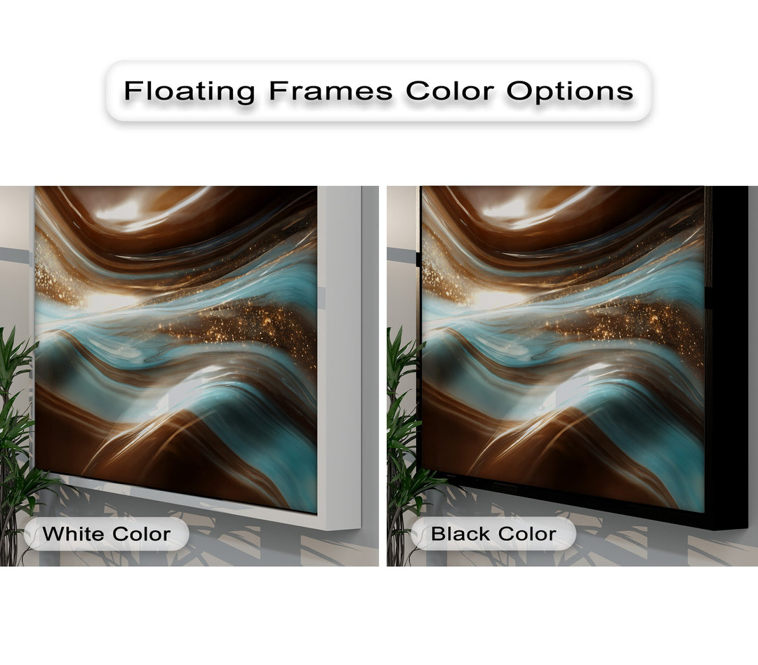The abstract quality of this luxury brown blue flow framed canvas art features swirling colors, glistening gold, and marble-inspired textures.