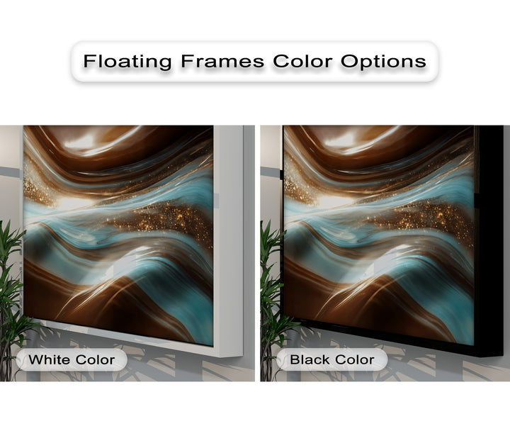 The abstract quality of this luxury brown blue flow framed canvas art features swirling colors, glistening gold, and marble-inspired textures.