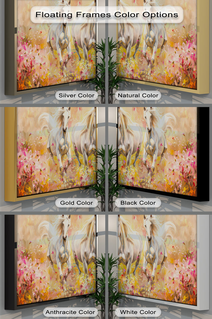 Wild Blossom Run – White Horses Among Petals Canvas Print