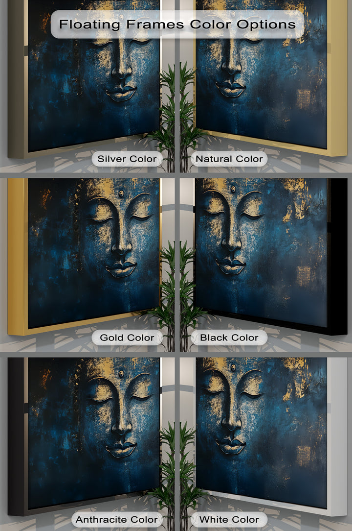 Mystic Serenity – Golden Buddha Face on Midnight Blue Canvas Print