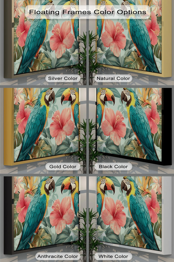 Tropical Duet – Vibrant Parrots with Hibiscus Canvas Print - MyPhotoStation