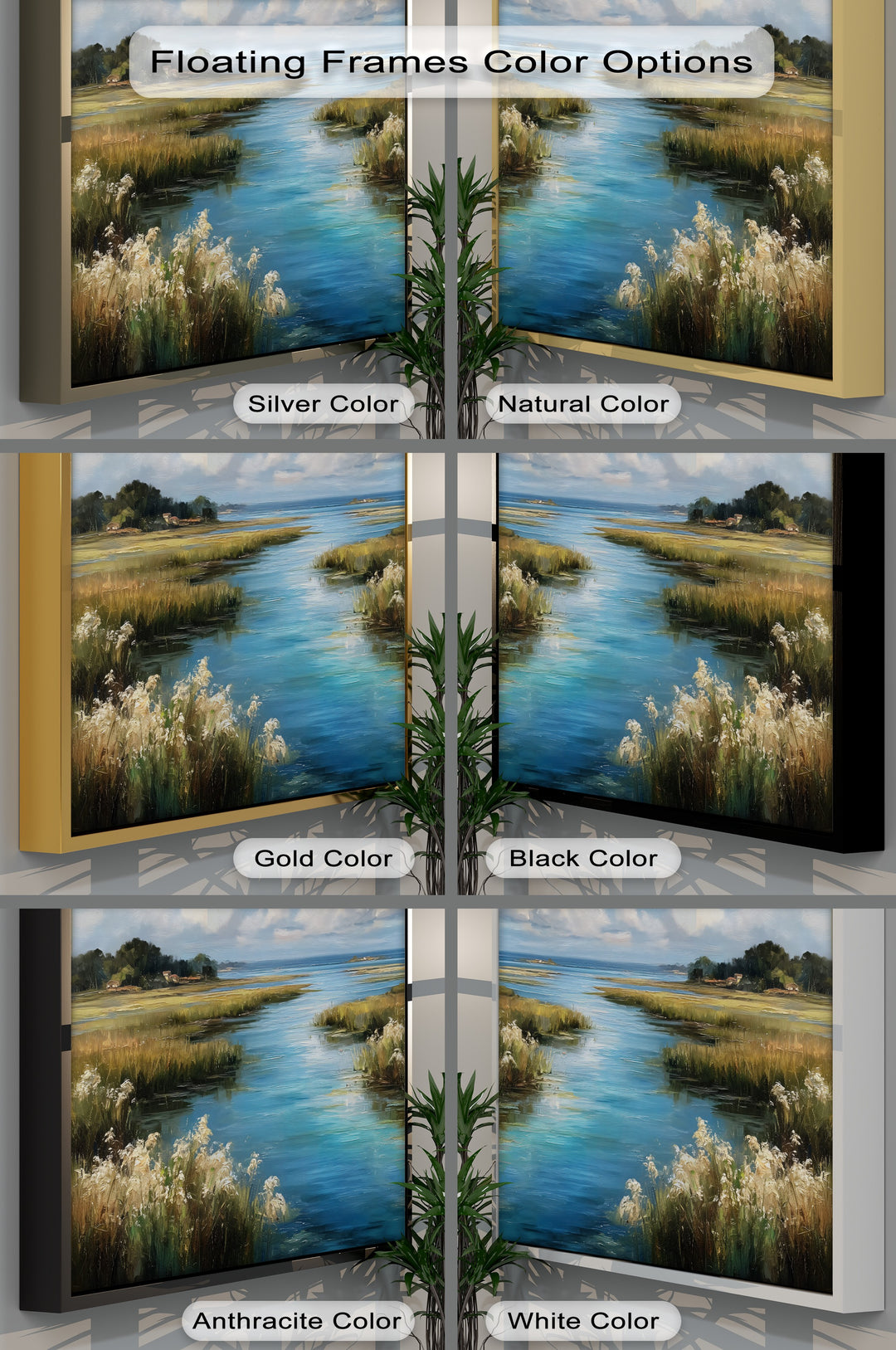 Calm depicts a serene coastal marsh landscape canvas pictures in various floating frame color options, evoking a sense of tranquil nature with its soft colors.