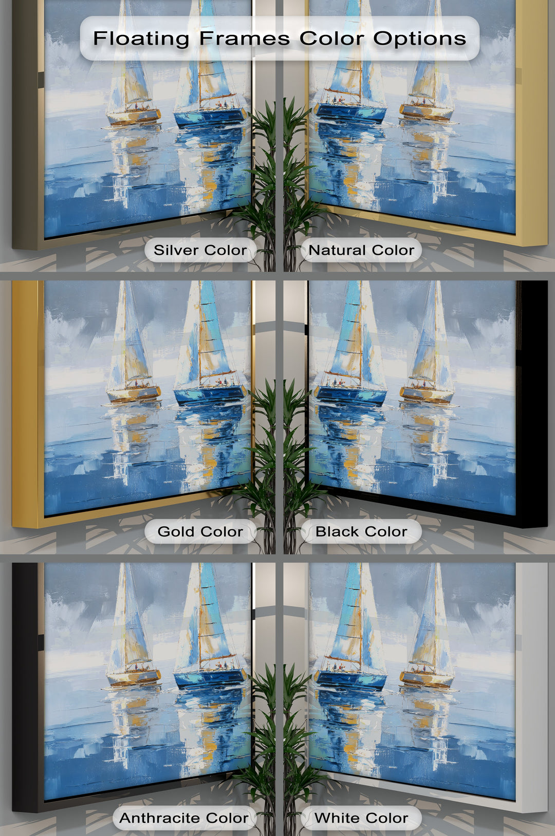 Transitioning framed canvas colors showcase the options available for the sailing boats canvas print, from silver and gold to black and white.