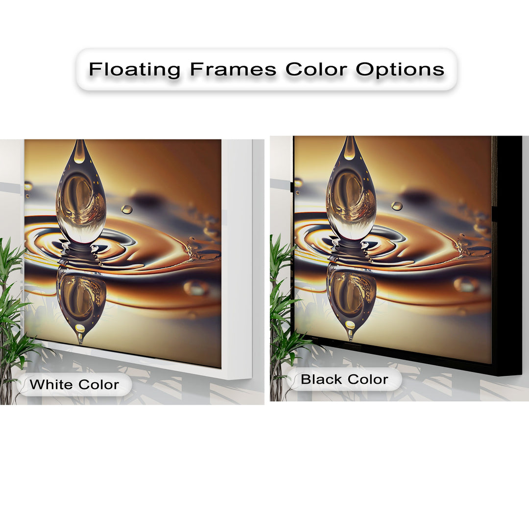 A luxurious golden water drop canvas art with rich, warm color temperature, featuring abstract ripples and glowing reflections.