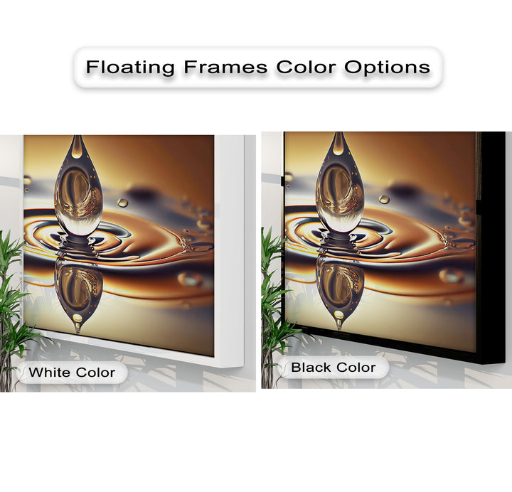 A luxurious golden water drop canvas art with rich, warm color temperature, featuring abstract ripples and glowing reflections.