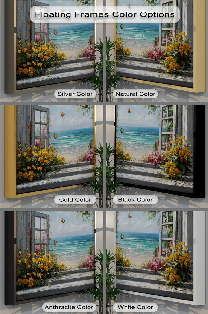 Golden Blooms & Ocean Breeze – Window View Canvas Print
