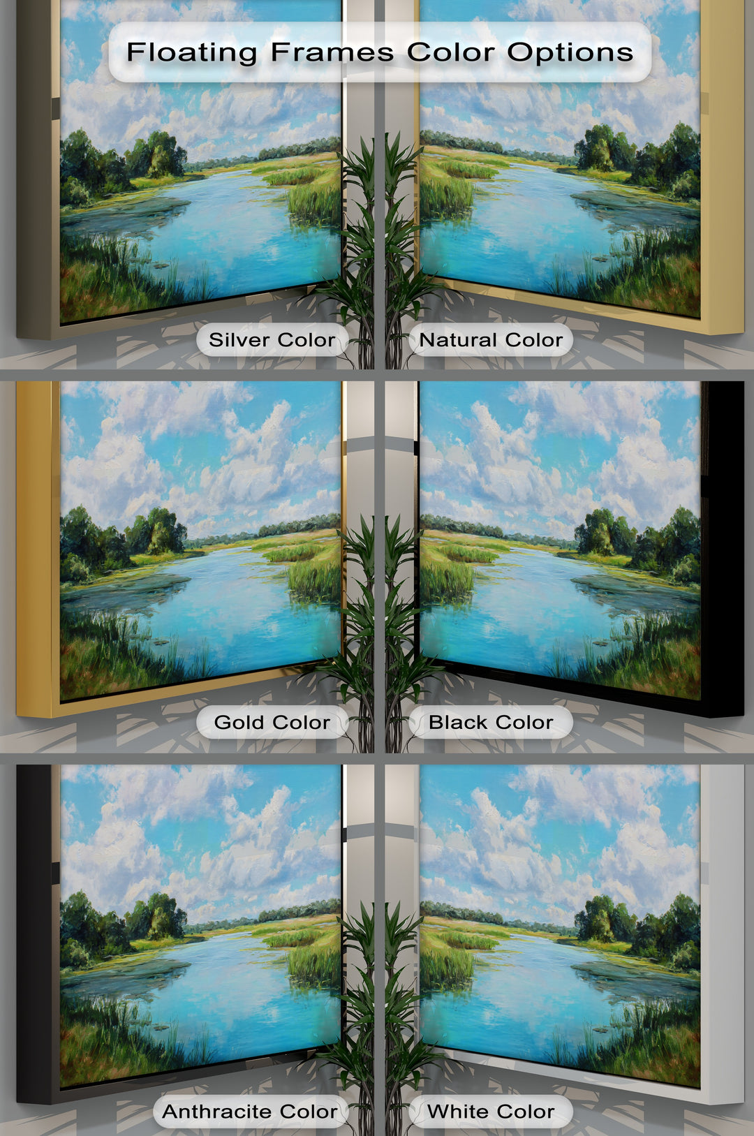 Various finish options including silver, natural, gold, black, anthracite, and white are shown on this peaceful river landscape canvas painting.