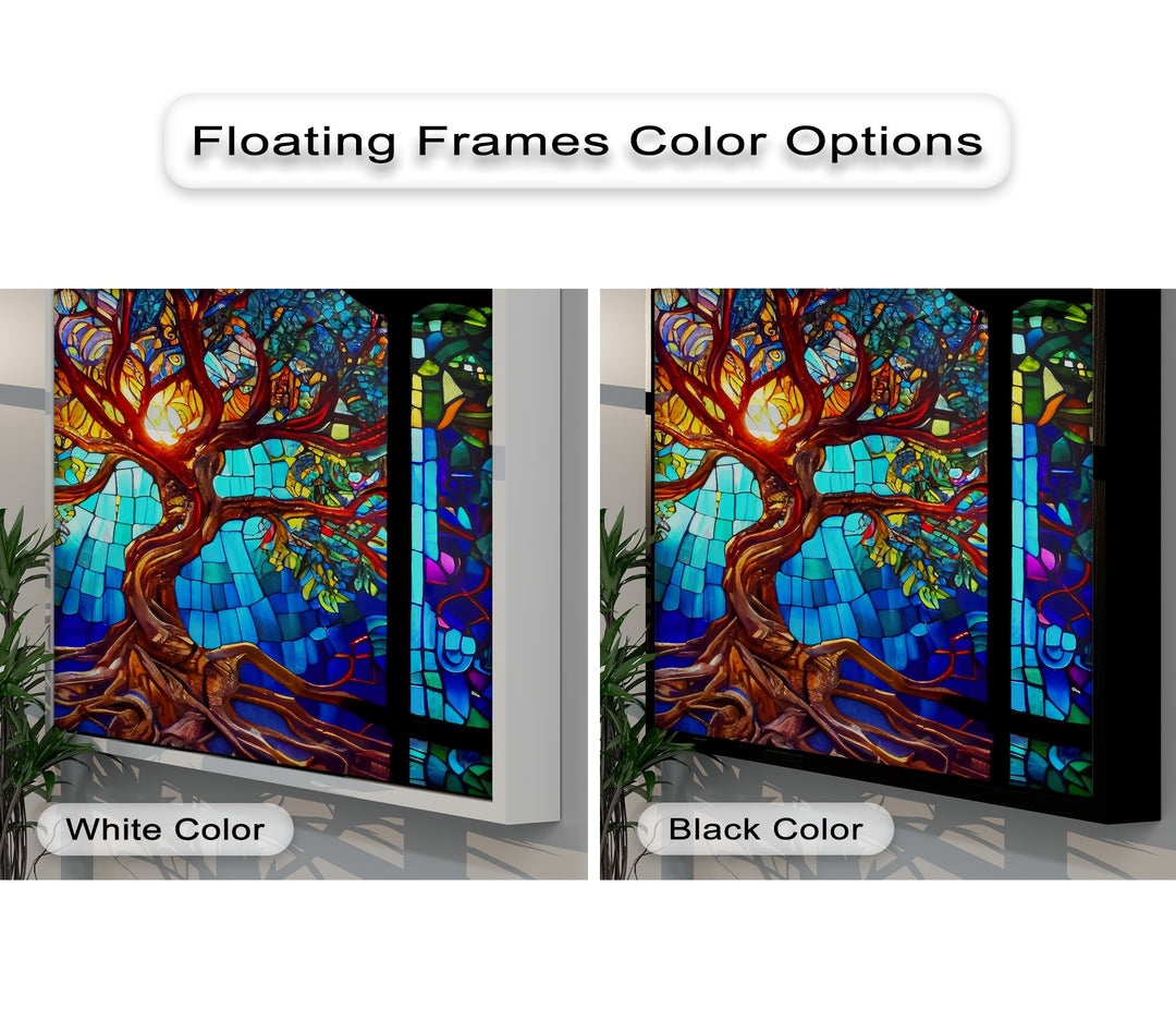 Lush green plants in the foreground highlight two framed canvas choices: a white-framed and a black-framed vibrant stained glass tree.