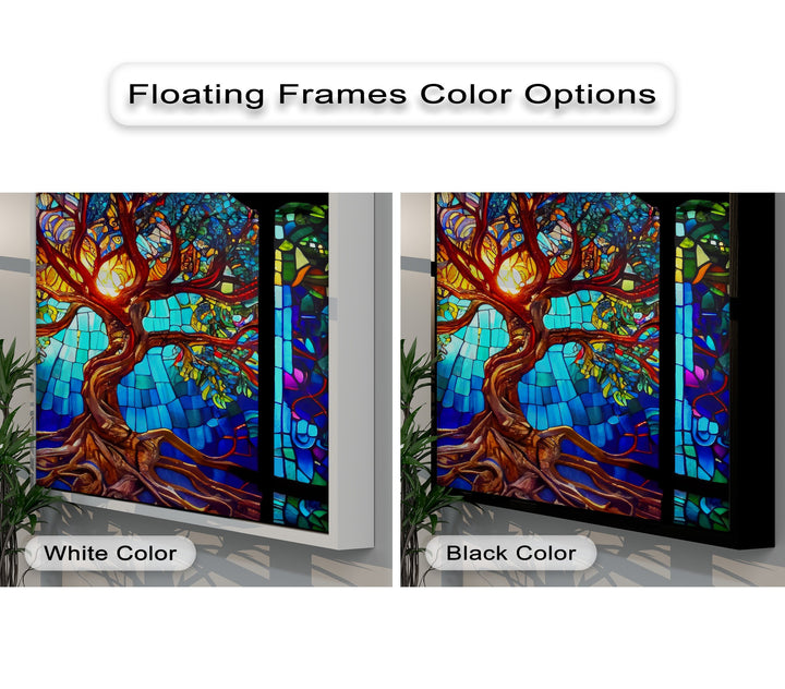 Lush green plants in the foreground highlight two framed canvas choices: a white-framed and a black-framed vibrant stained glass tree.