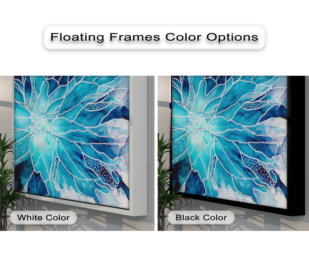 Highly saturated blue watercolor flower canvas wall decor with vivid turquoise and teal tones displayed in white and black floating frames.