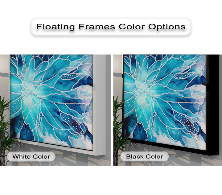 Highly saturated blue watercolor flower canvas wall decor with vivid turquoise and teal tones displayed in white and black floating frames.