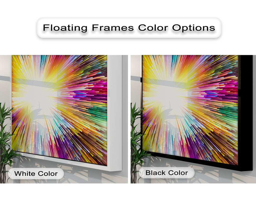 The realistic detail of this unique canvas print vividly portrays a vibrant, colorful abstract light burst, available with elegant white or black frames.