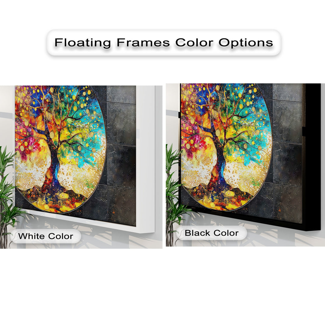 Highlighting intense color saturation, this round abstract colorful tree canvas painting is presented in both white and black floating frames.