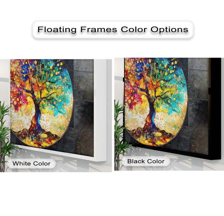 Highlighting intense color saturation, this round abstract colorful tree canvas painting is presented in both white and black floating frames.