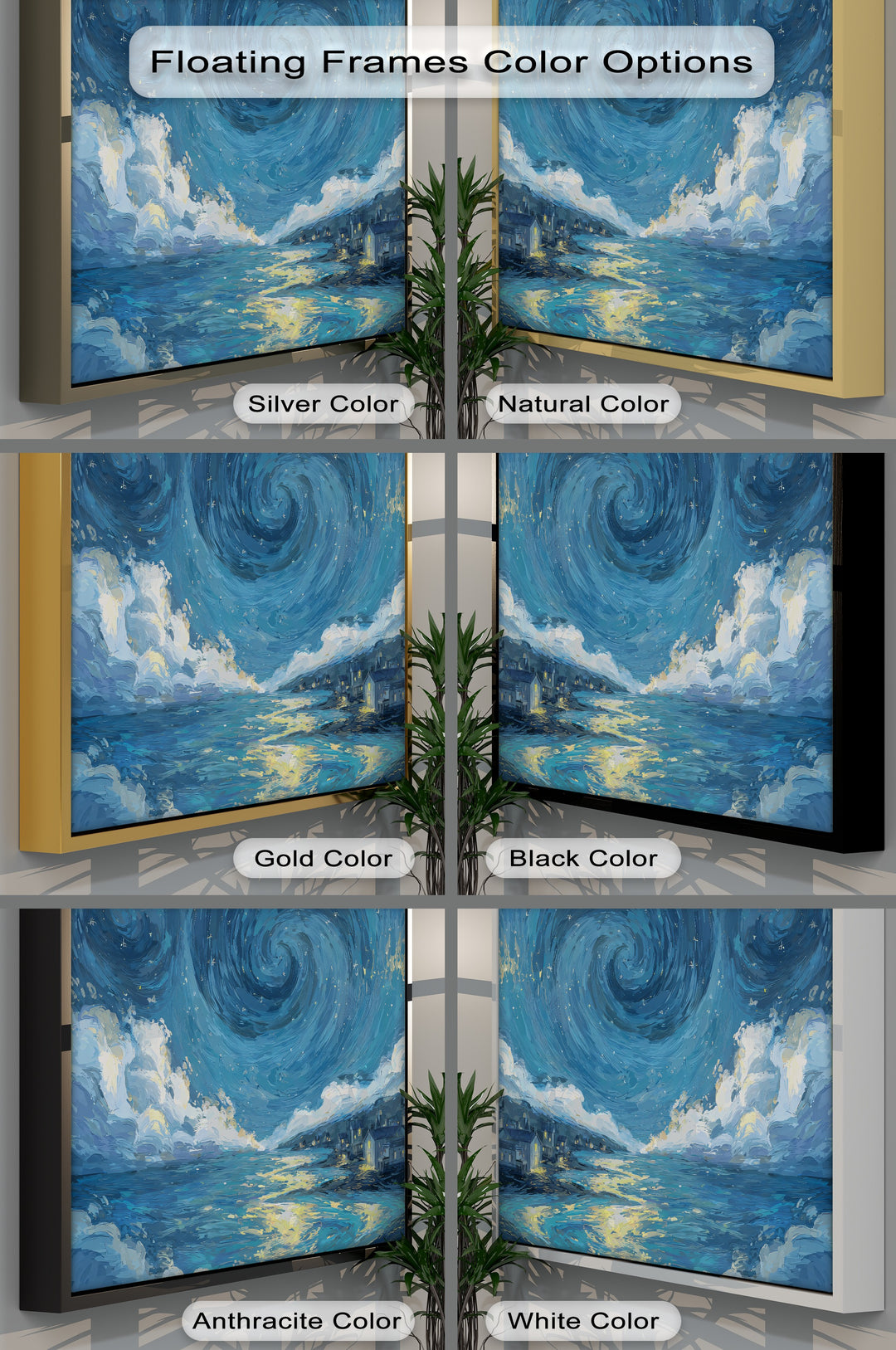 Showcasing the darkest area of the Starry Night Lighthouse canvas print, this presentation highlights various floating frame color options for canvas wall decor, enhancing the dramatic coastal night sky.