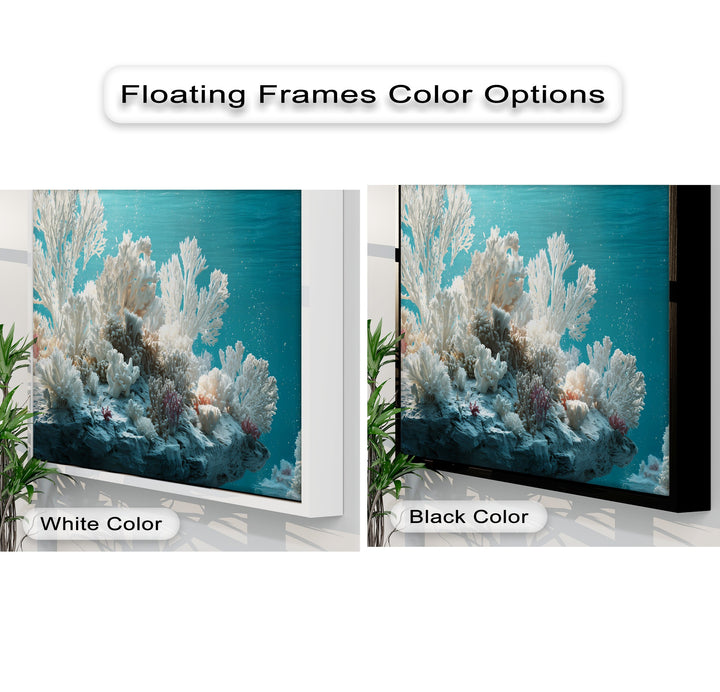 An ethereal abstract canvas wall decor piece capturing the serene, intricate forms of a vibrant white coral reef in turquoise water.