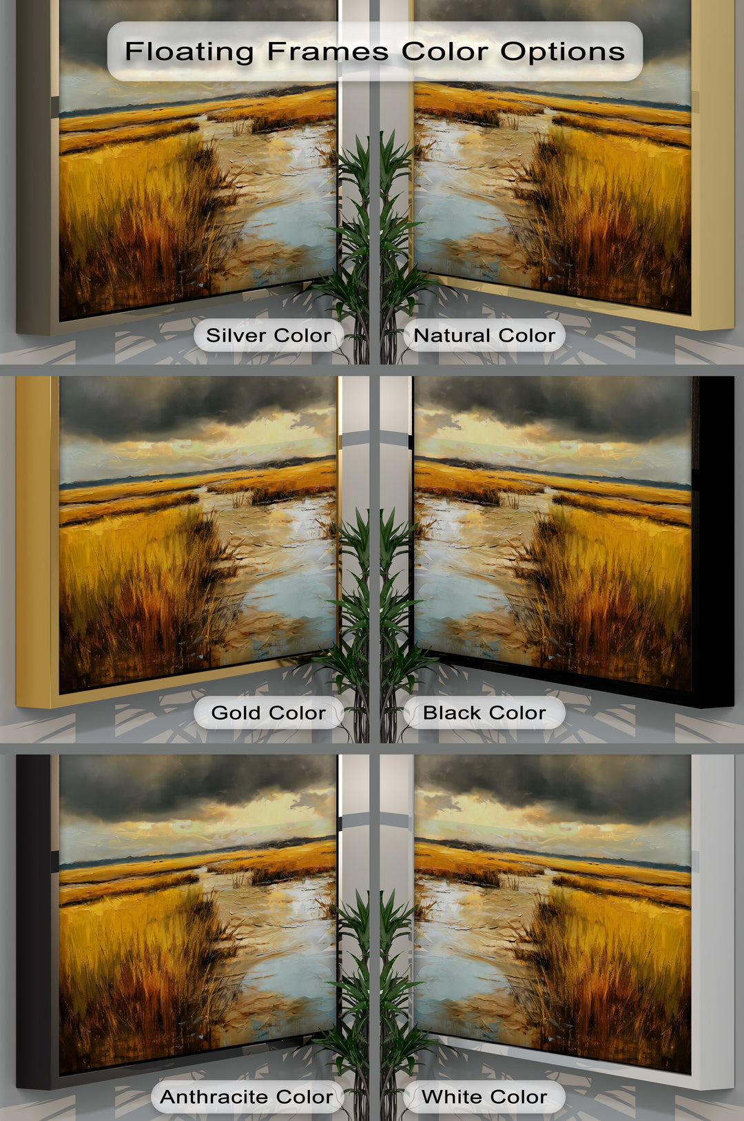 Showcasing the transition between colors in this dramatic nature golden marsh storm landscape canvas art prints, offering a range of floating frame color options.