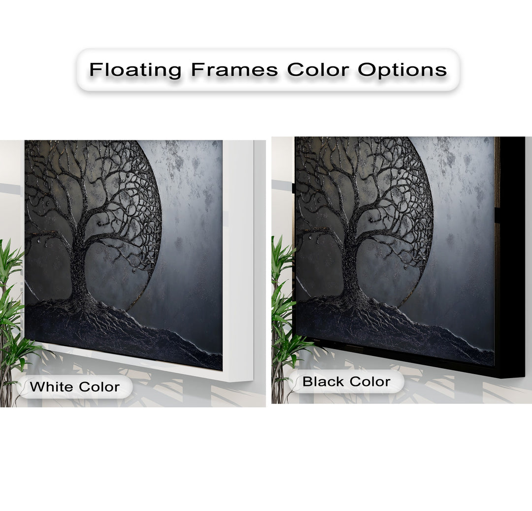 A striking side-by-side view shows a dark, intricate Black Tree of Life canvas painting in contrasting white and black floating frames.