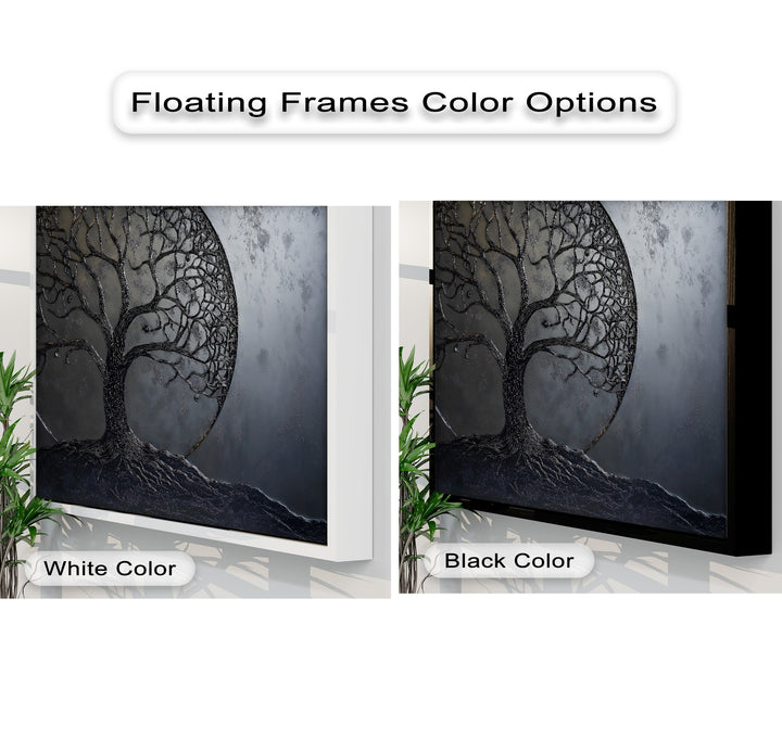 A striking side-by-side view shows a dark, intricate Black Tree of Life canvas painting in contrasting white and black floating frames.