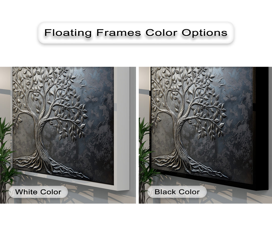 The textured gunmetal background enhances the silver tree design on this unique canvas print, offering elegant botanical wall art.