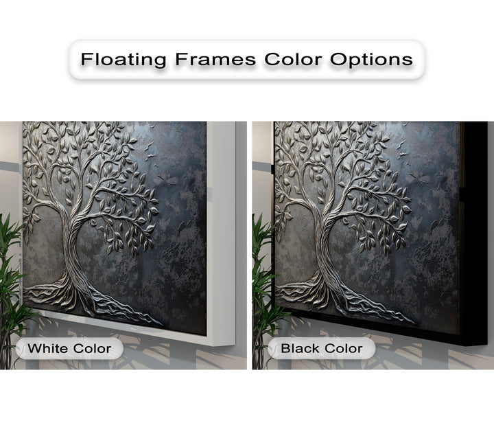 The textured gunmetal background enhances the silver tree design on this unique canvas print, offering elegant botanical wall art.