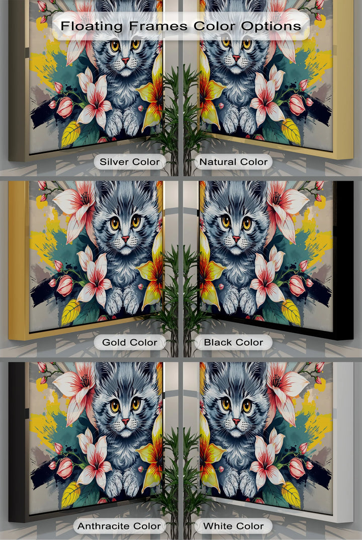 Bloom Burst – Gray Kitten with Vibrant Florals Cat Canvas Print - MyPhotoStation
