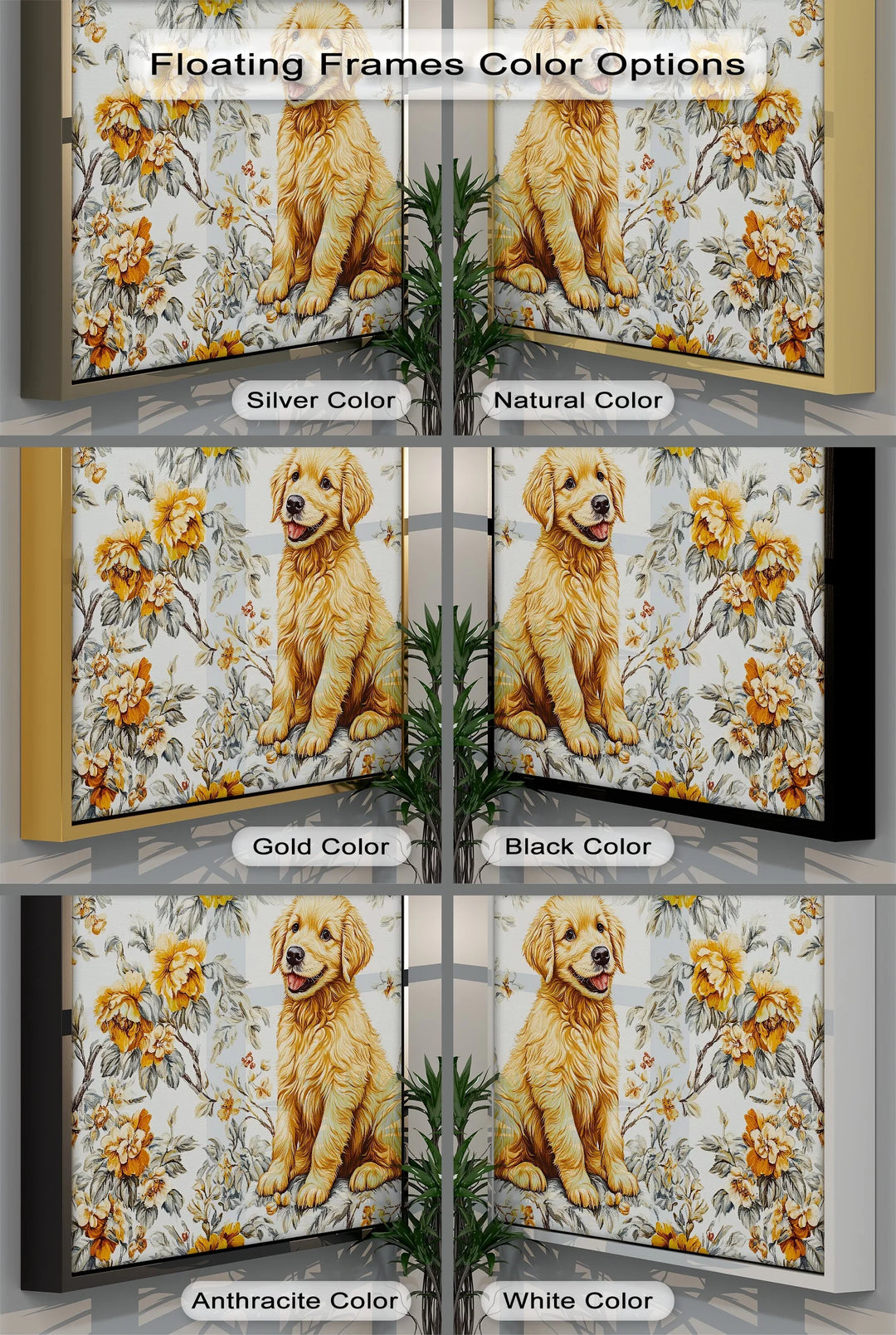 Smiling Golden Retriever Puppy with Vintage Floral Backdrop - Canvas Print - MyPhotoStation