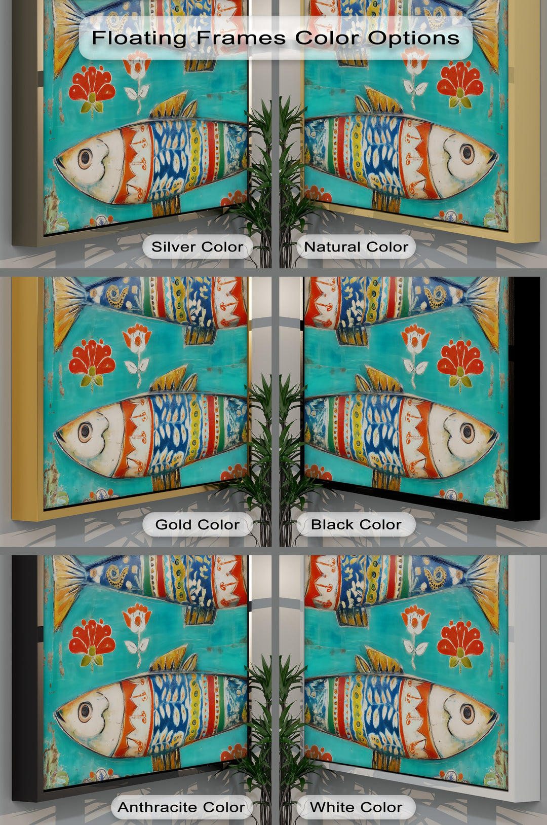 The realistic detail shows colorful folk fish canvas print as one of the big canvas prints, displaying the Scandinavian folk art with decorative patterns.