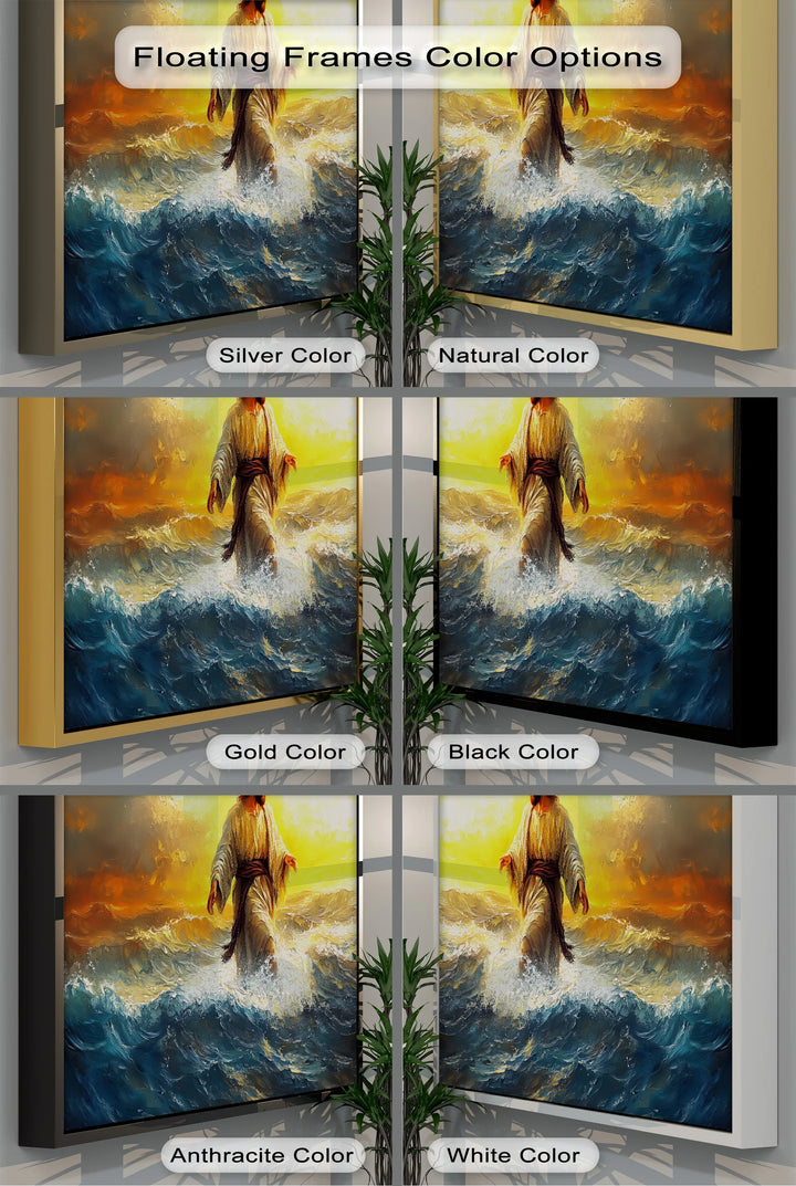 Sunset-hued religious canvas decor – walking on the sea.

