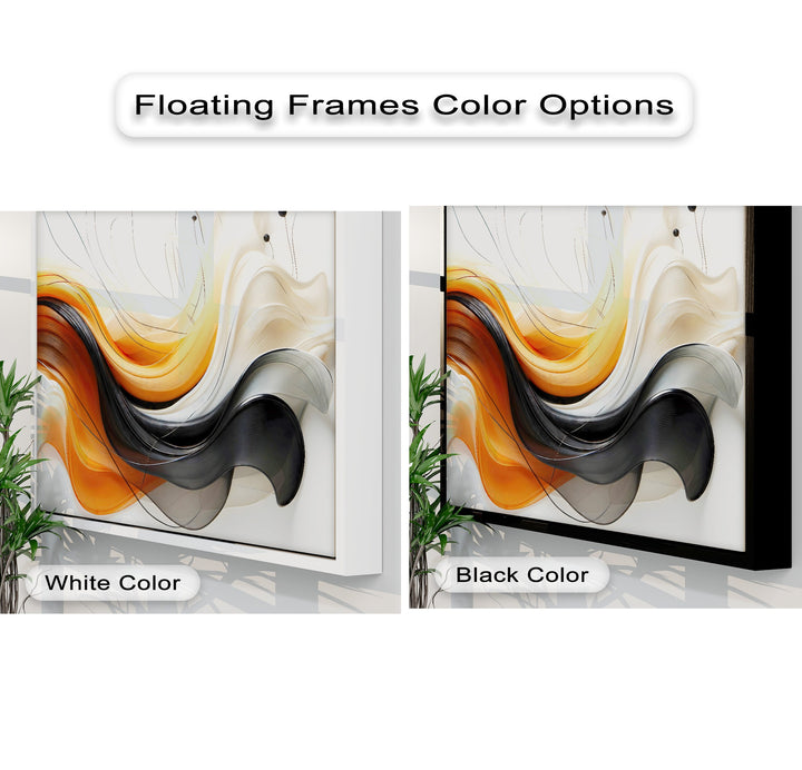 Swirling geometric forms in orange, black, and cream define this framed canvas art, offered with white and black floating frames.
