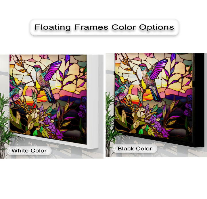 The subtly textured surface of these beautiful stained glass hummingbirds canvas art prints highlights vibrant floral details.
