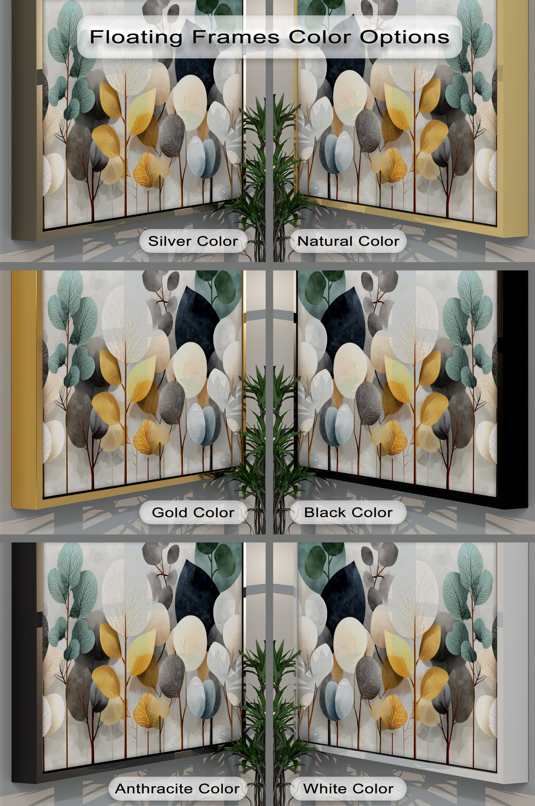 Available finishes for the minimalist abstract forest canvas artwork range from silver to anthracite, offering a variety of modern aesthetic options.