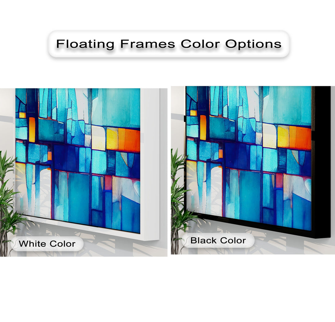 Soft canvas art displays a blue mosaic abstract design with white or black floating frames.