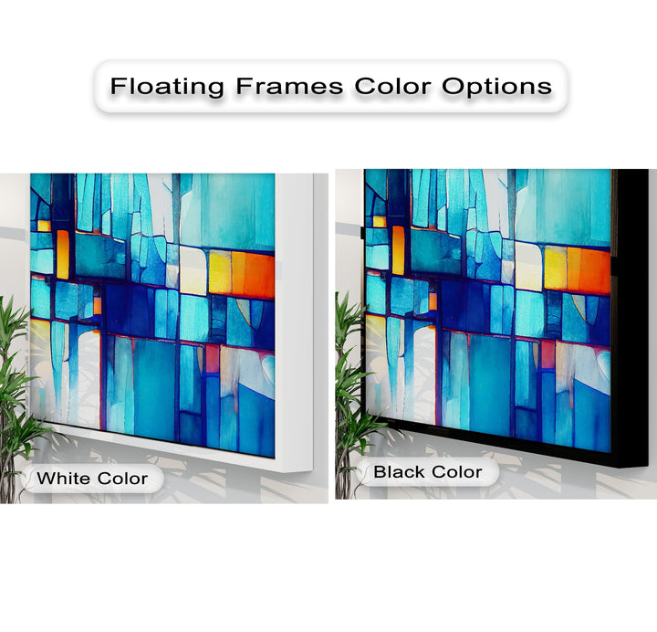 Soft canvas art displays a blue mosaic abstract design with white or black floating frames.