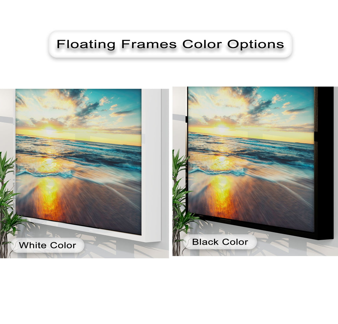 The simple, wide negative space of the white and black floating frames elegantly highlights the vibrant Golden Ocean Sunset framed canvas art.