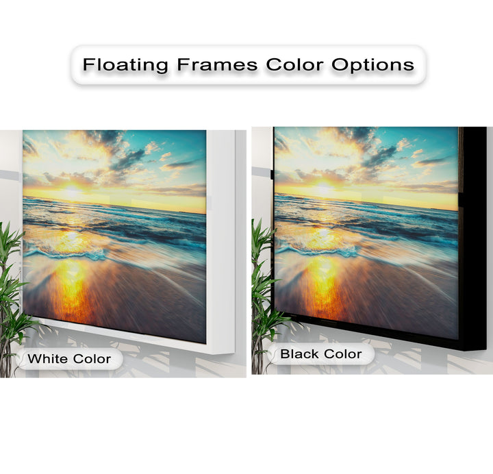 The simple, wide negative space of the white and black floating frames elegantly highlights the vibrant Golden Ocean Sunset framed canvas art.