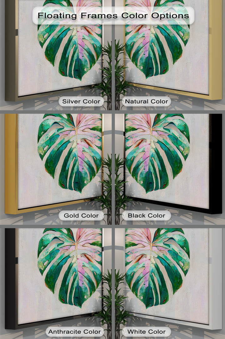 Soft textured brushstrokes highlight the pink in this monstera leaf canvas print, a selection from our premium canvas decor collection, offering a modern botanical aesthetic.