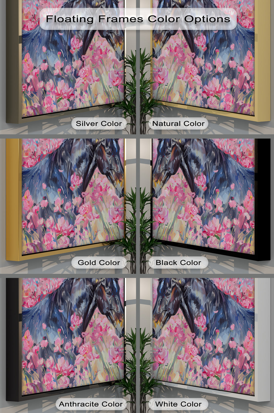 Blossom Drift – Black Horse in Pink Field Canvas Print
