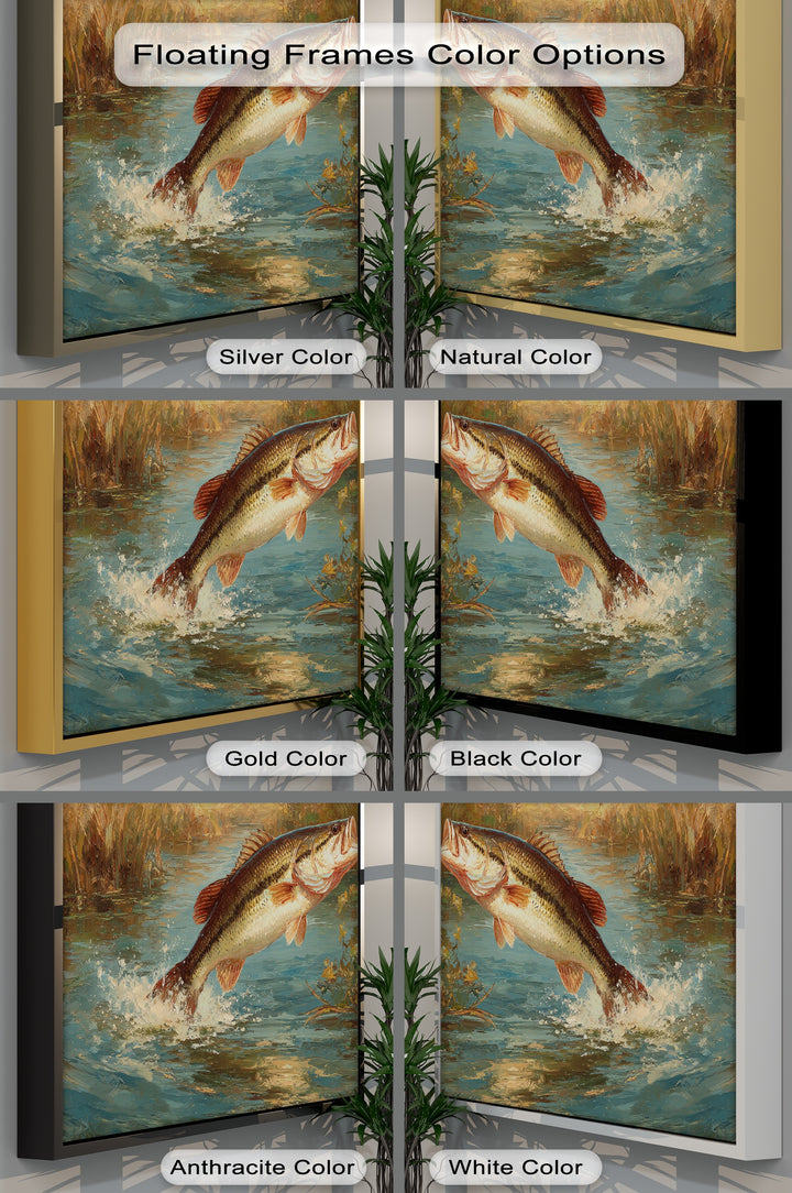 Showcasing the color transition in frame options for jumping bass fishing wildlife canvas wall art, ranging from silver and gold to anthracite and white.