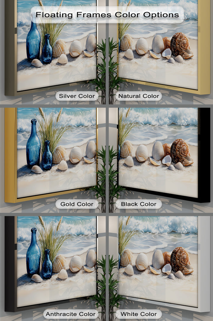 Blue Bottles and Seashells on Seashore - Canvas Print