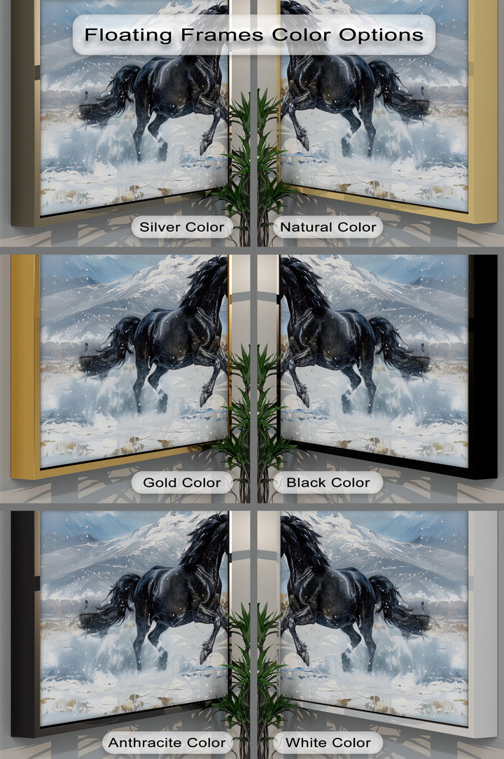 Galloping Black Stallion in Snowy Mountains - Horse Canvas Print