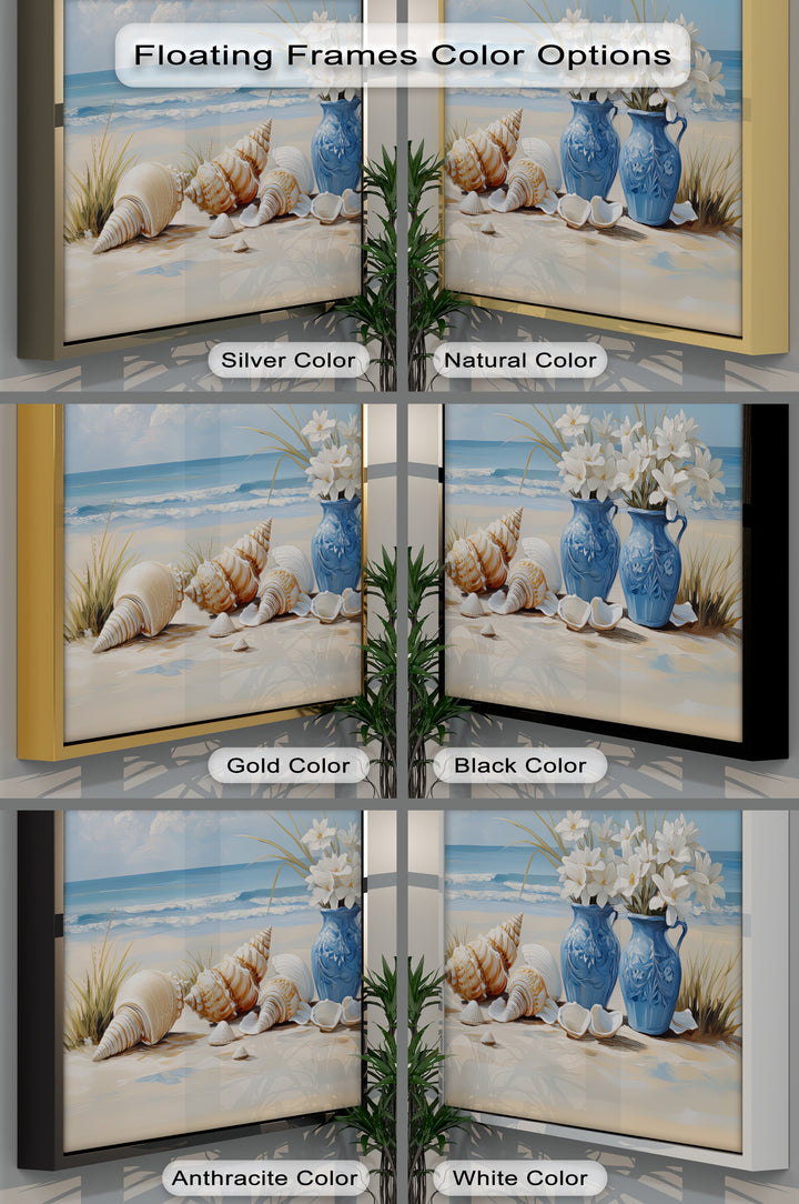 Coastal Serenity – Seashells and Blue Vases Canvas Print