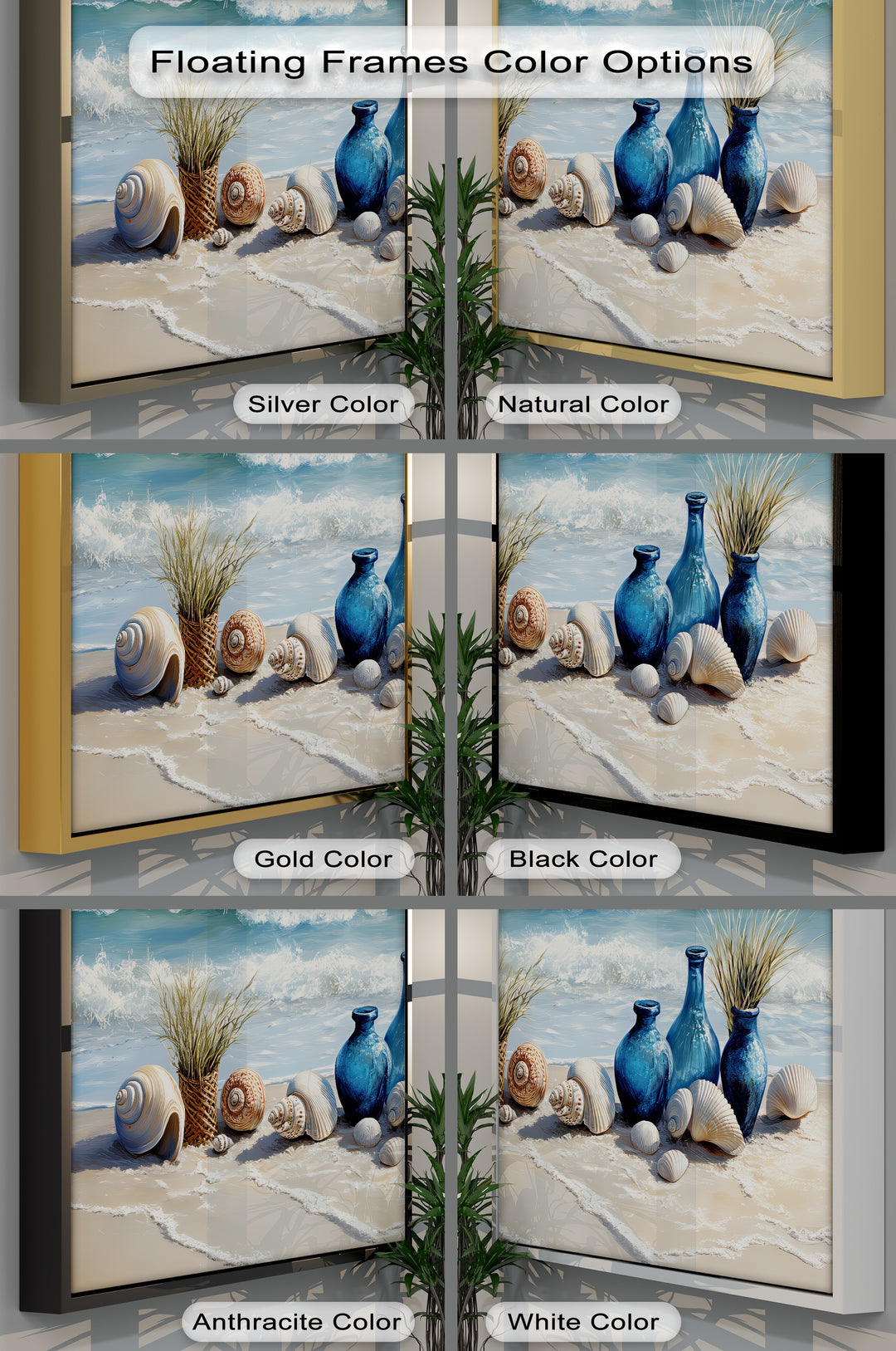 Coastal Calm – Seashells and Blue Vases Beach Scene Canvas Print