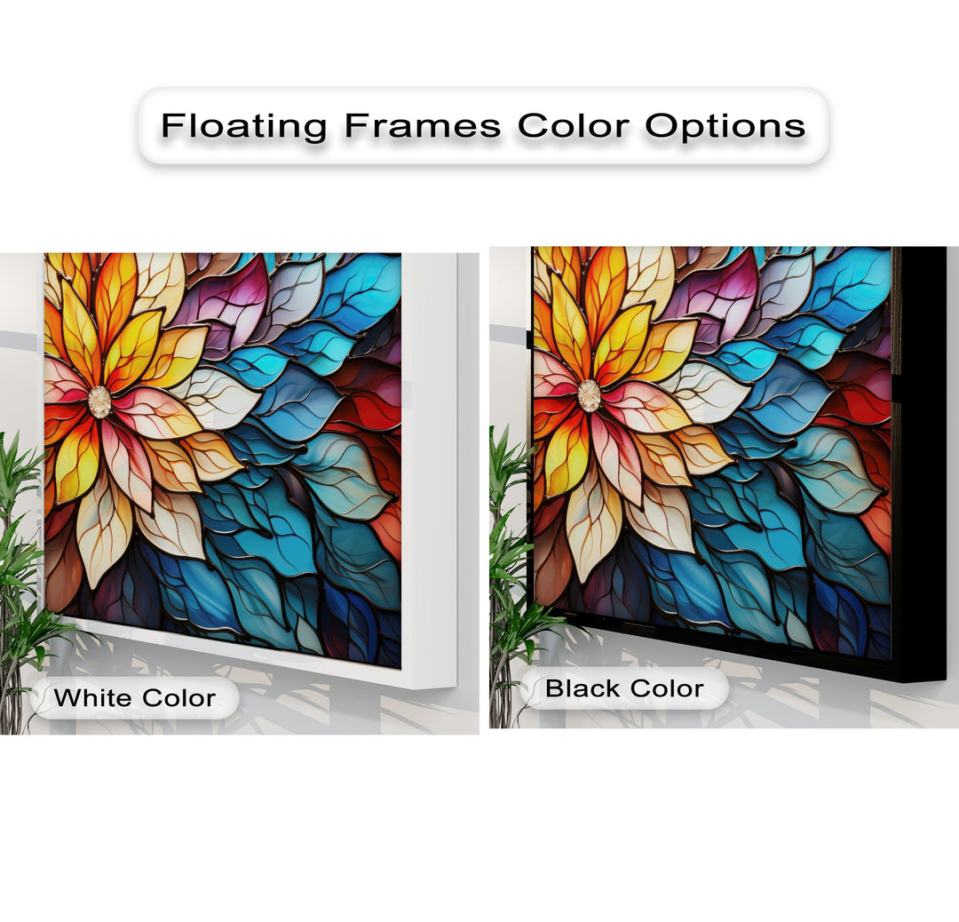 The ample negative space created by the floating frames highlights the intricate details of this vibrant stained glass flower canvas painting.