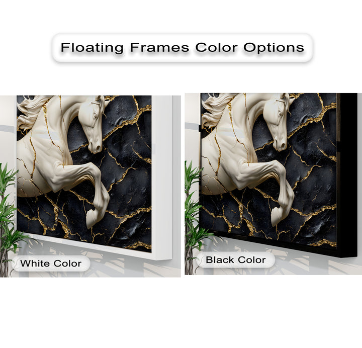The gracefully flowing lines of the white horse sculpture, a centerpiece of this luxury black and gold canvas art, are showcased with floating frames.