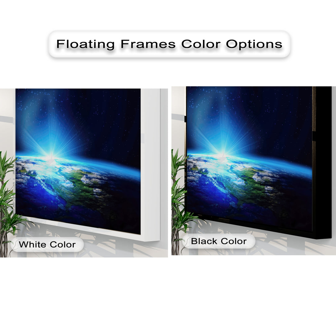 Light and shadow play across glowing Earth canvas pictures, offered with crisp white and striking black floating frames.
